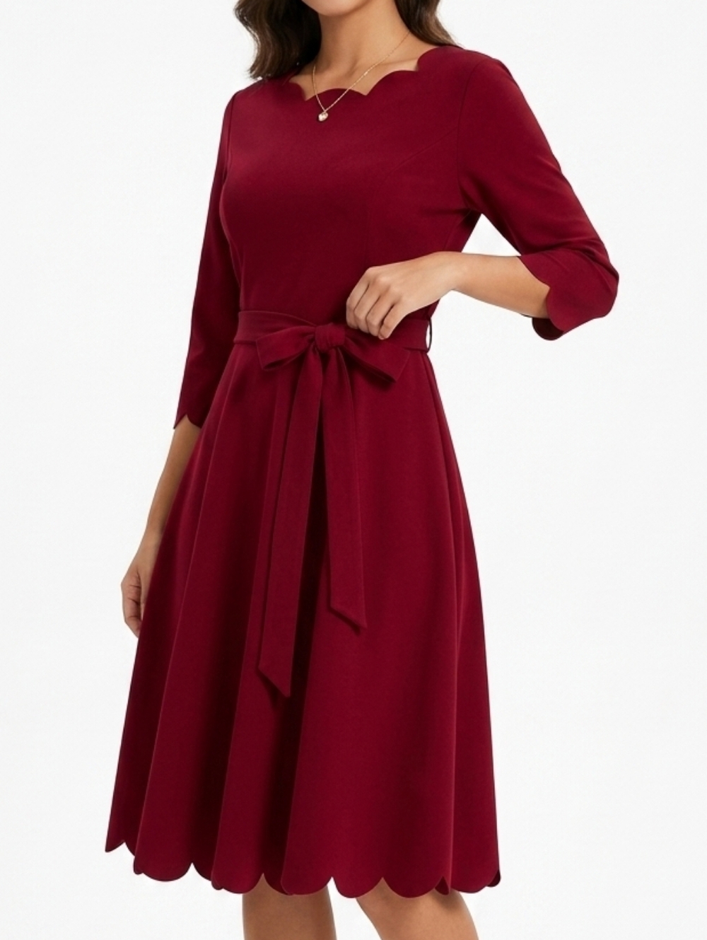 SHEIN Red Scallop-Hem Fit & Flare Midi Dress